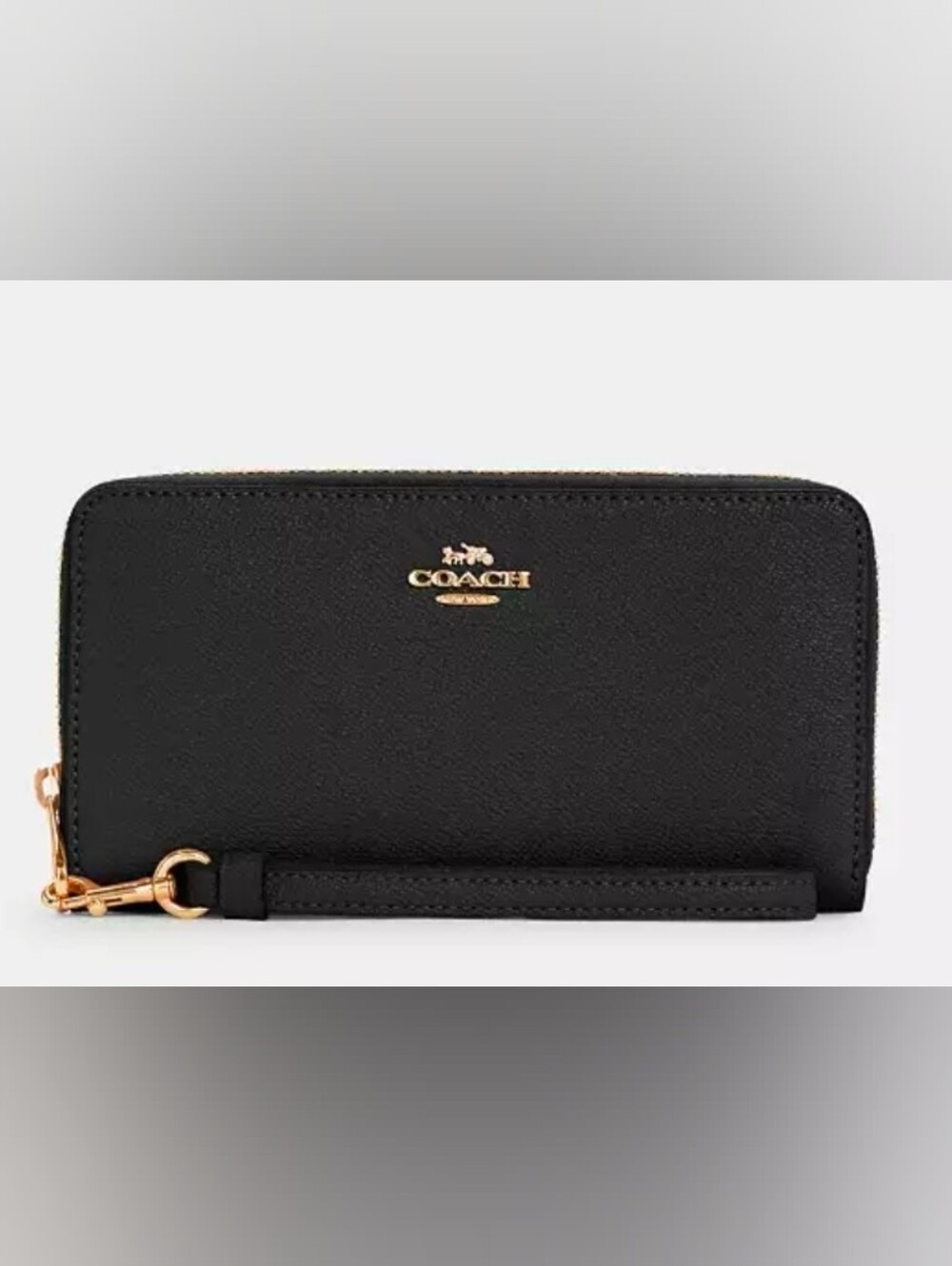 COACH Black Crossgrain Leather Accordion Zip Around Long Wallet Gold Hardware